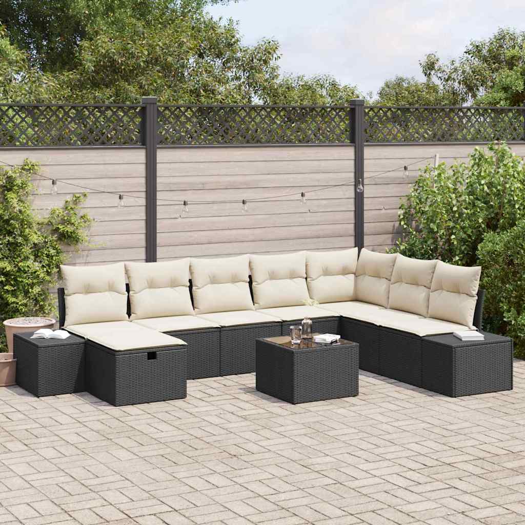 Set Divano da Giardino con cuscino 9 pcs Nero Poly Rattan | homemem39