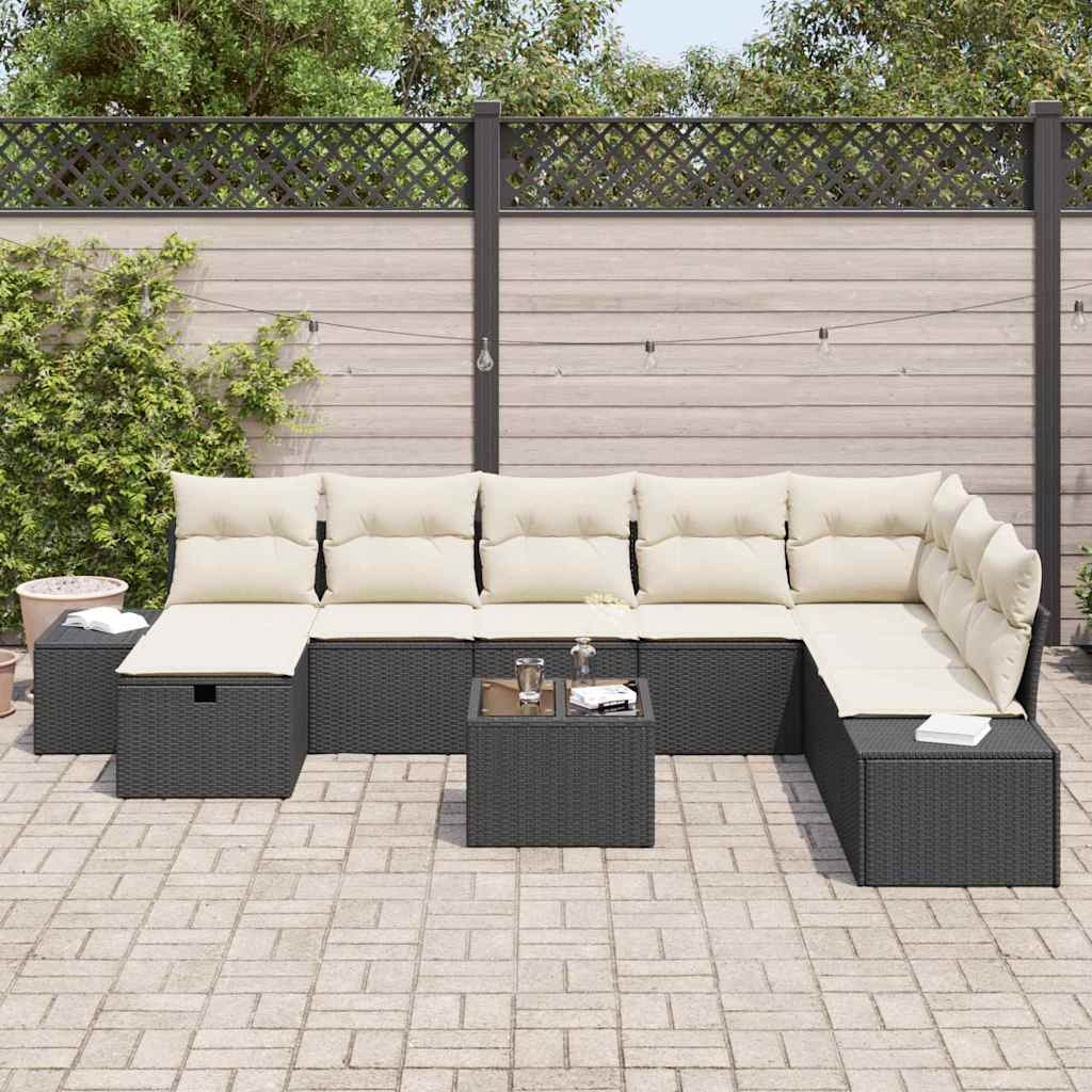 Set Divano da Giardino con cuscino 9 pcs Nero Poly Rattan | homemem39