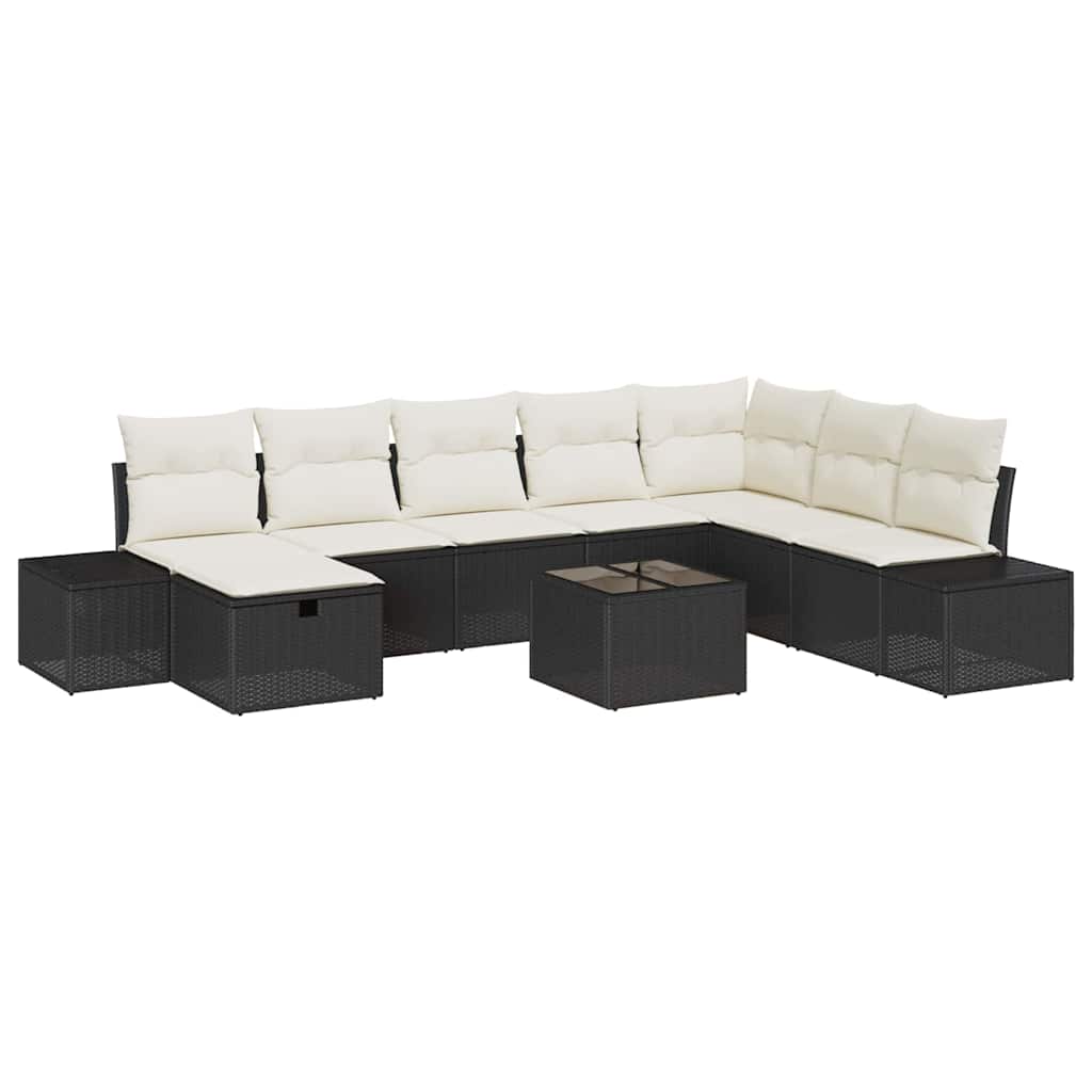 Set Divano da Giardino con cuscino 9 pcs Nero Poly Rattan | homemem39
