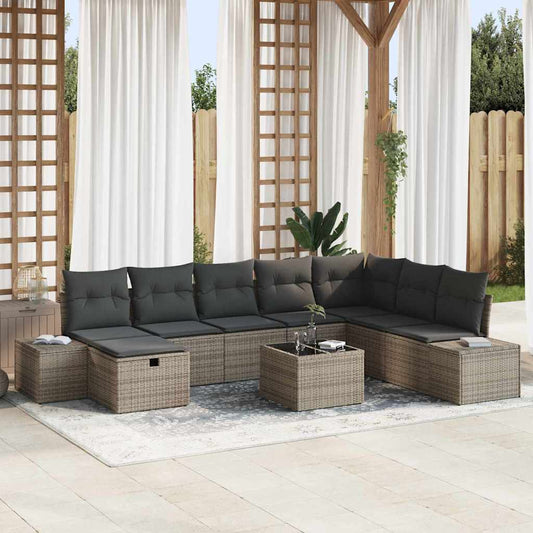 Set Divano da Giardino con cuscino 9 pcs Grigio Poly Rattan