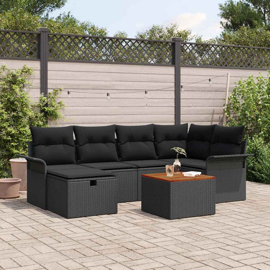 Set Divano da Giardino con cuscino 7 pcs Nero Poly Rattan | homemem39