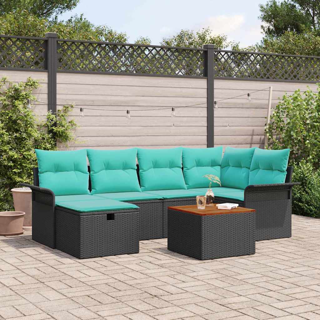 Set Divano da Giardino con cuscino 7 pcs Nero Poly Rattan