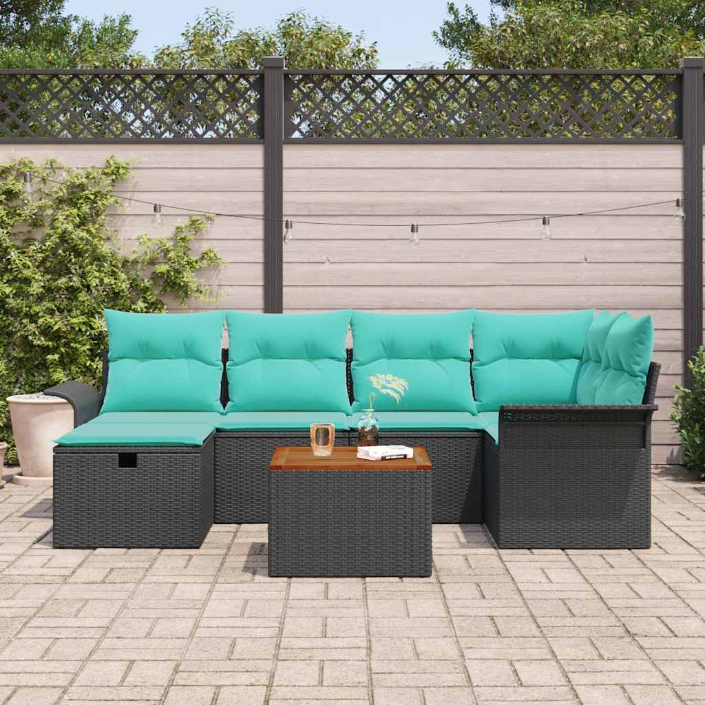 Set Divano da Giardino con cuscino 7 pcs Nero Poly Rattan | homemem39