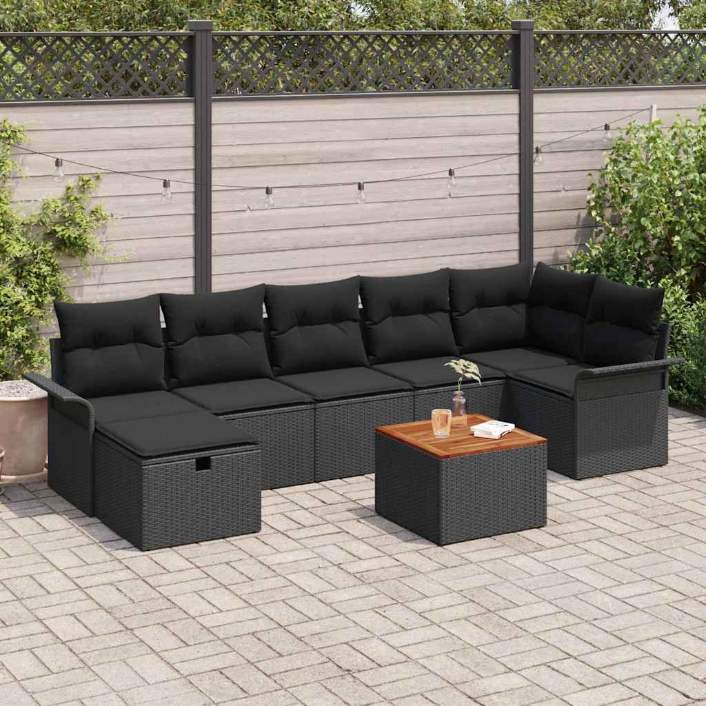 Set Divano da Giardino con cuscino 8 pcs Nero Poly Rattan
