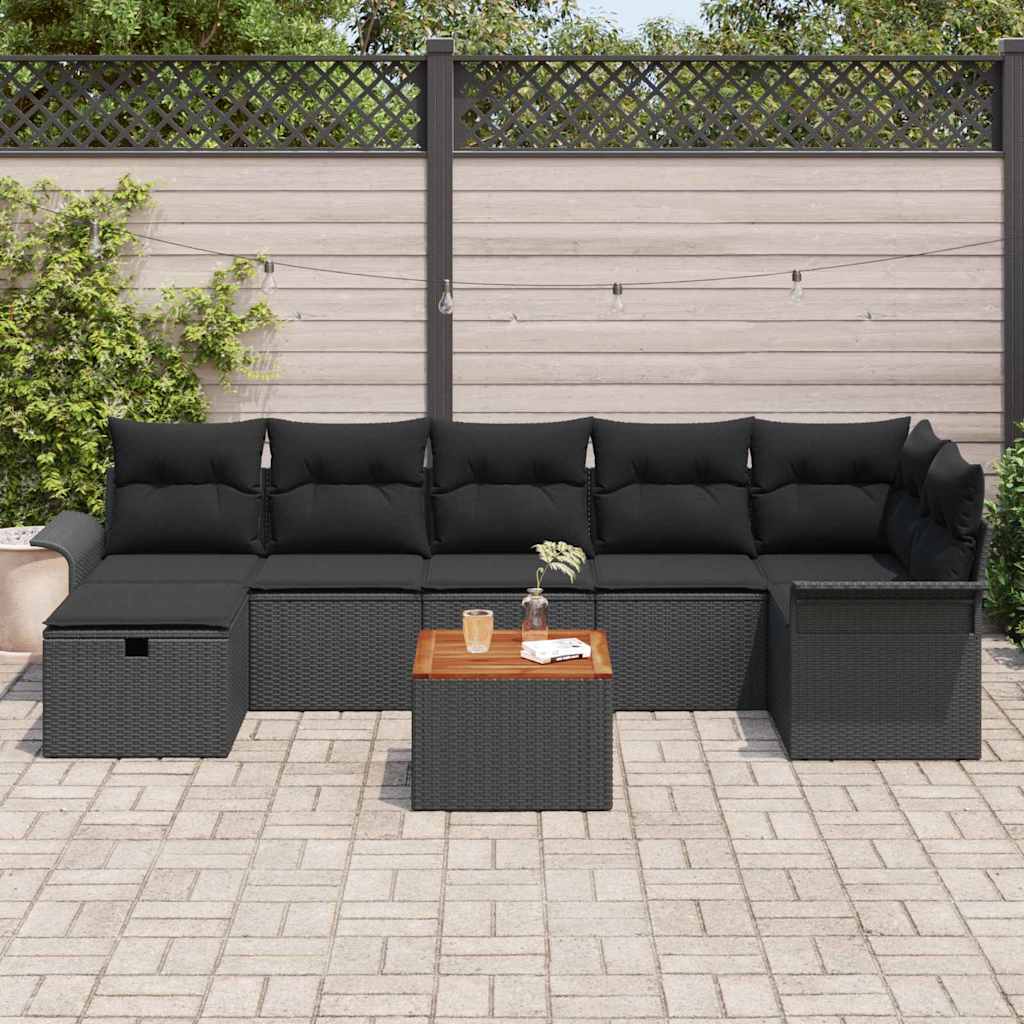 Set Divano da Giardino con cuscino 8 pcs Nero Poly Rattan | homemem39