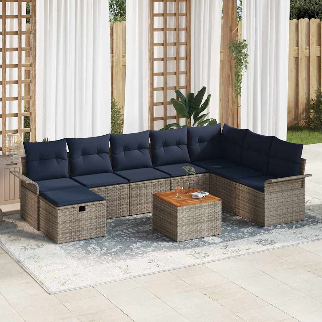 Set Divano da Giardino con cuscino 9 pcs Grigio Poly Rattan
