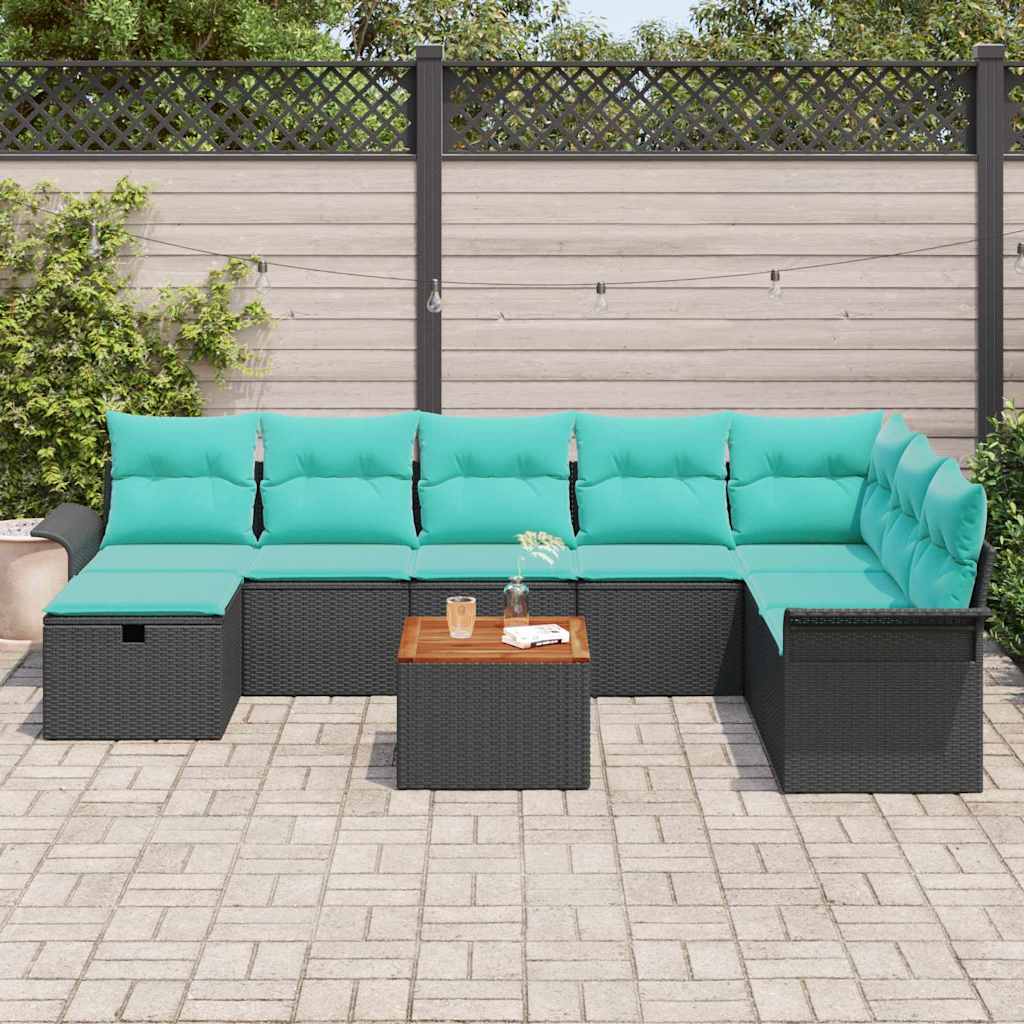 Set Divano da Giardino con cuscino 9 pcs Nero Poly Rattan | homemem39