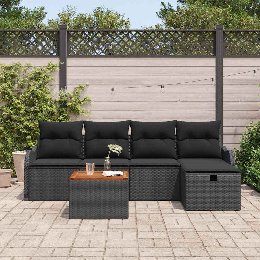 Set Divano da Giardino con cuscino 6 pcs Nero Poly Rattan | homemem39