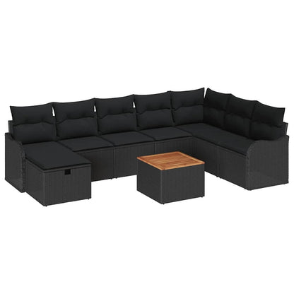 Set Divano da Giardino con cuscino 9 pcs Nero Poly Rattan | homemem39