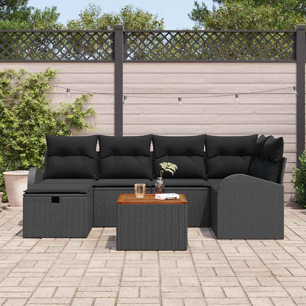 Set Divano da Giardino con cuscino 7 pcs Nero Poly Rattan | homemem39