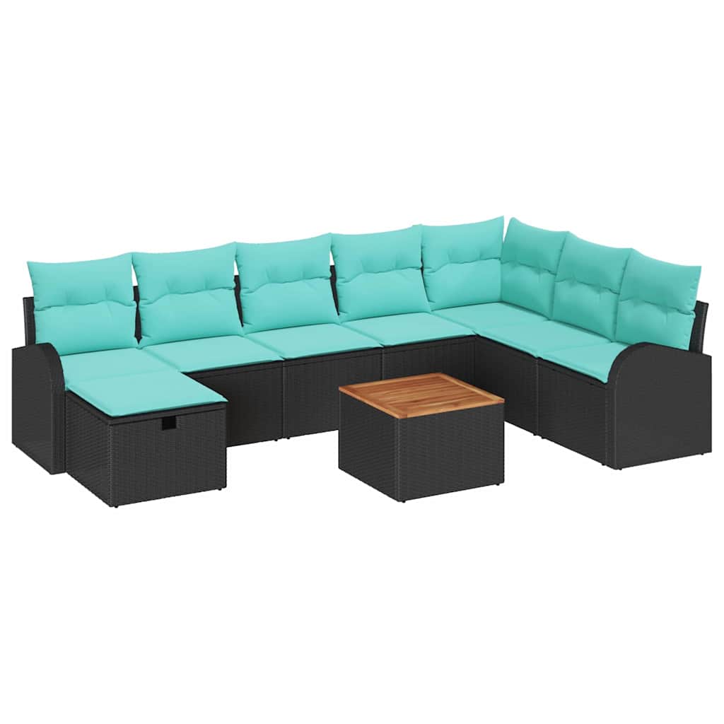Set Divano da Giardino con cuscino 9 pcs Nero Poly Rattan | homemem39