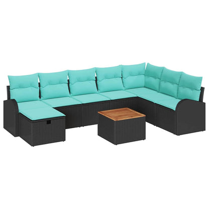 Set Divano da Giardino con cuscino 9 pcs Nero Poly Rattan | homemem39