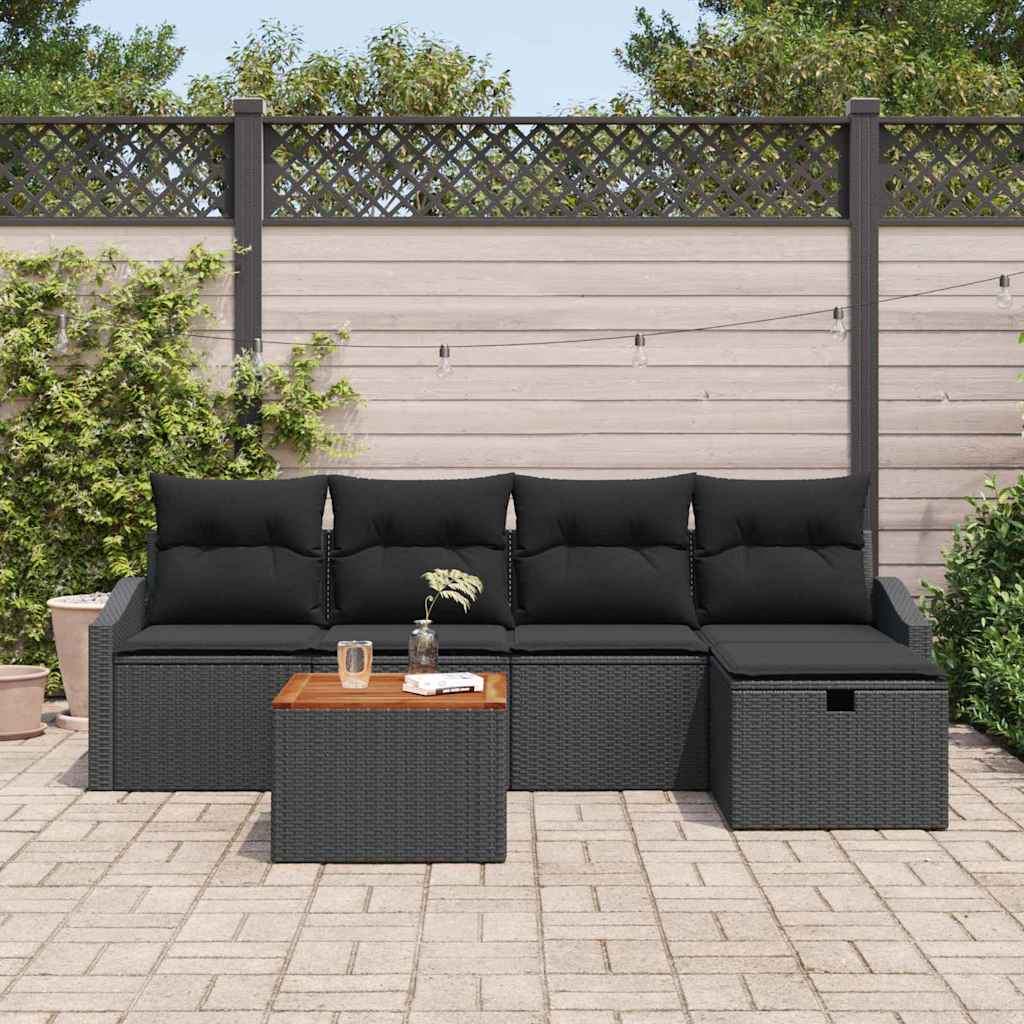 Set Divano da Giardino con cuscino 6 pcs Nero Poly Rattan | homemem39