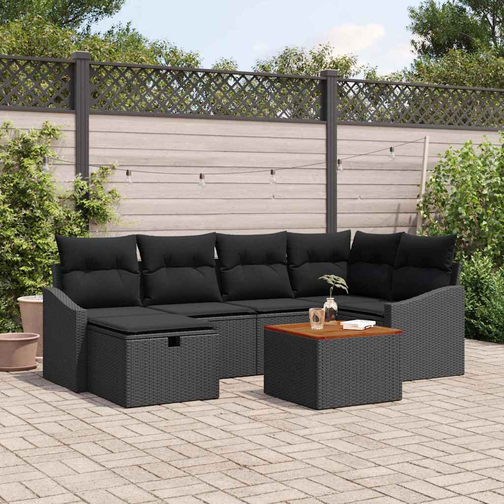 Set Divano da Giardino con cuscino 7 pcs Nero Poly Rattan | homemem39