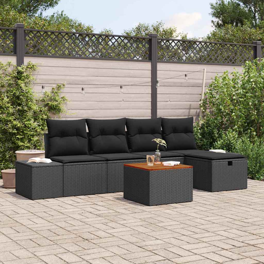 Set Divano da Giardino con cuscino 6 pcs Nero Poly Rattan | homemem39