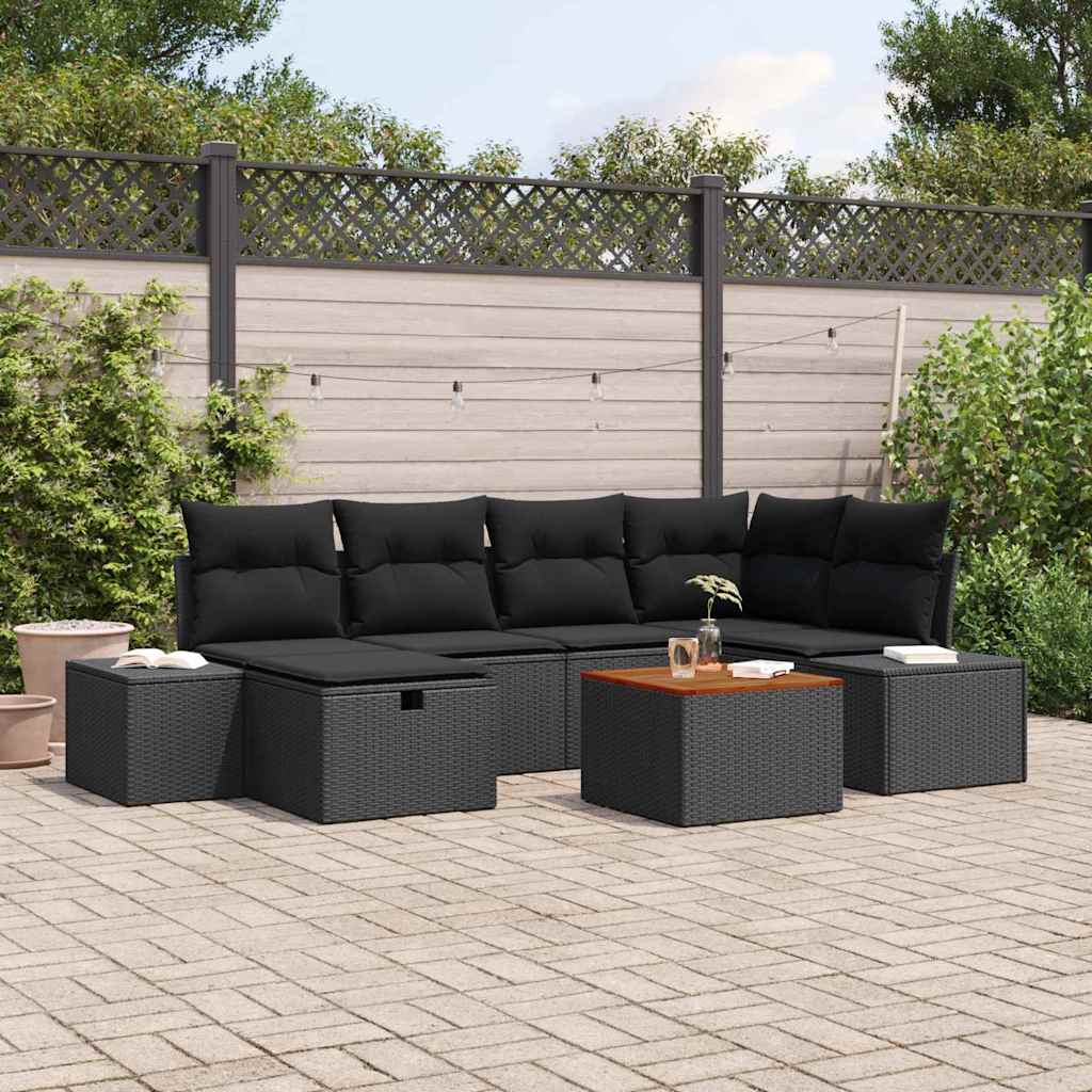 Set Divano da Giardino con cuscino 7 pcs Nero Poly Rattan | homemem39