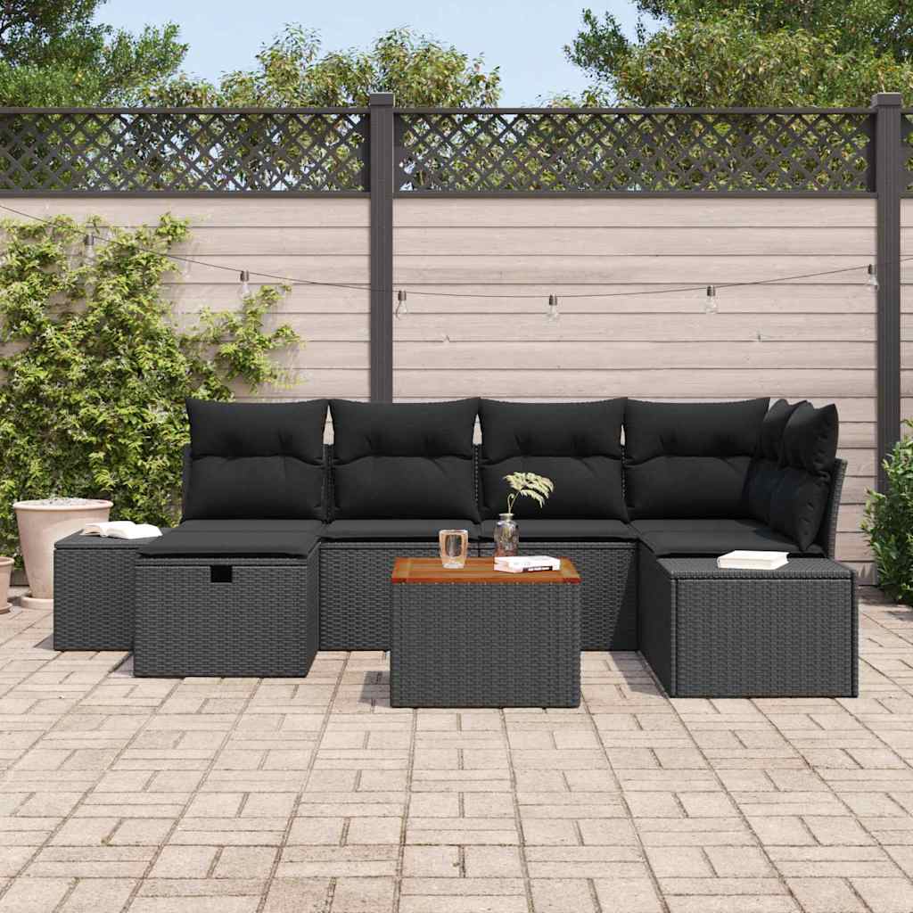 Set Divano da Giardino con cuscino 7 pcs Nero Poly Rattan | homemem39