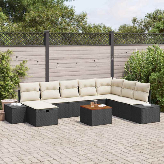 Set Divano da Giardino con cuscino 9 pcs Nero Poly Rattan | homemem39