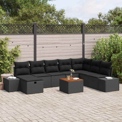 Set Divano da Giardino con cuscino 9 pcs Nero Poly Rattan | homemem39
