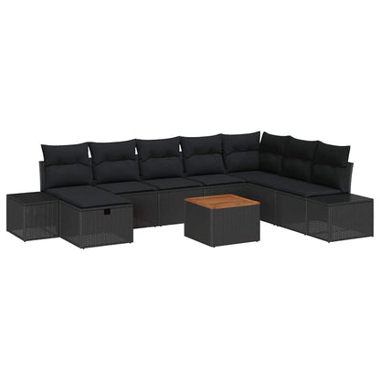 Set Divano da Giardino con cuscino 9 pcs Nero Poly Rattan | homemem39