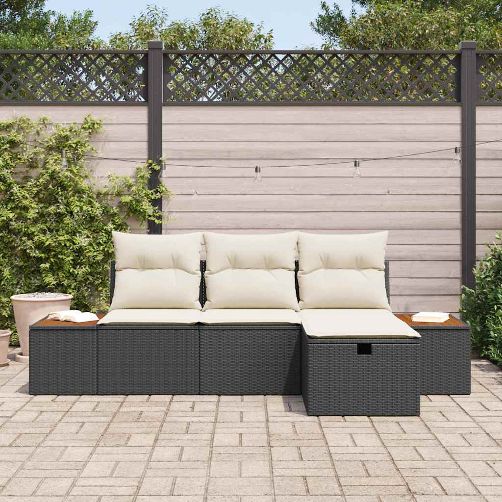 Set Divano da Giardino con cuscino 4 pcs Nero polyrattan | homemem39