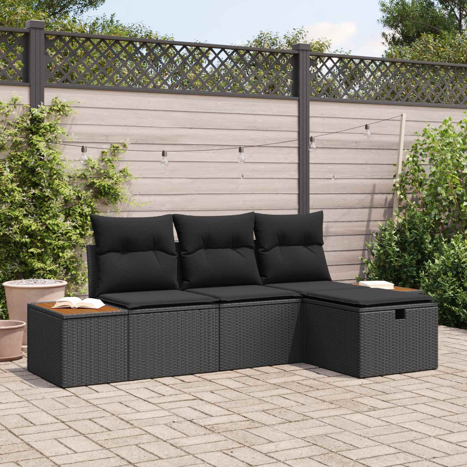 Set Divano da Giardino con cuscino 4 pcs Nero polyrattan | homemem39