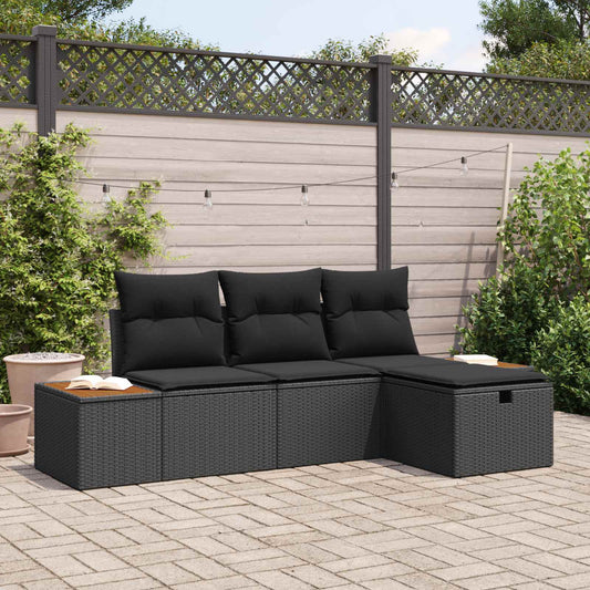 Set Divano da Giardino con cuscino 4 pcs Nero polyrattan