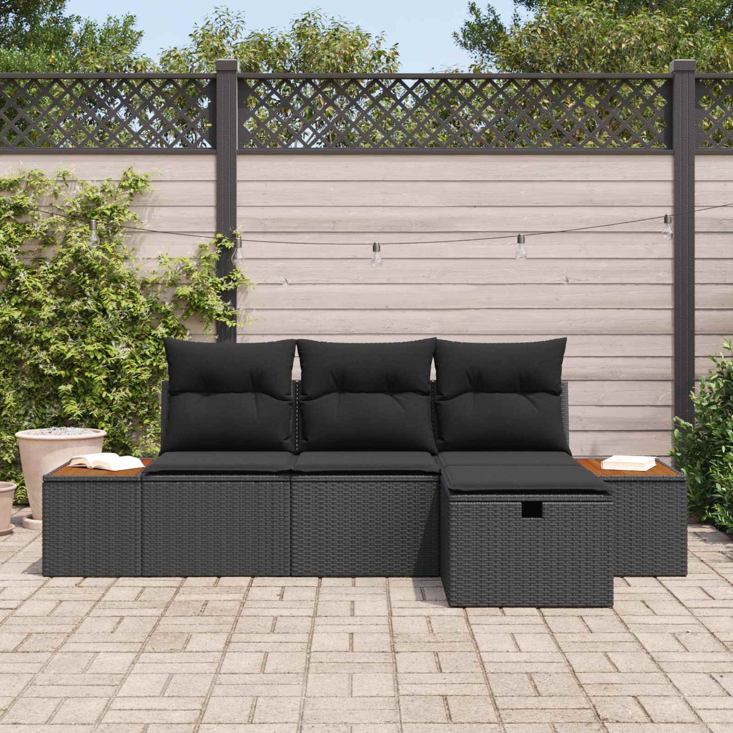 Set Divano da Giardino con cuscino 4 pcs Nero polyrattan | homemem39