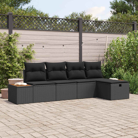 Set Divano da Giardino con cuscino 5 pcs Nero Poly Rattan
