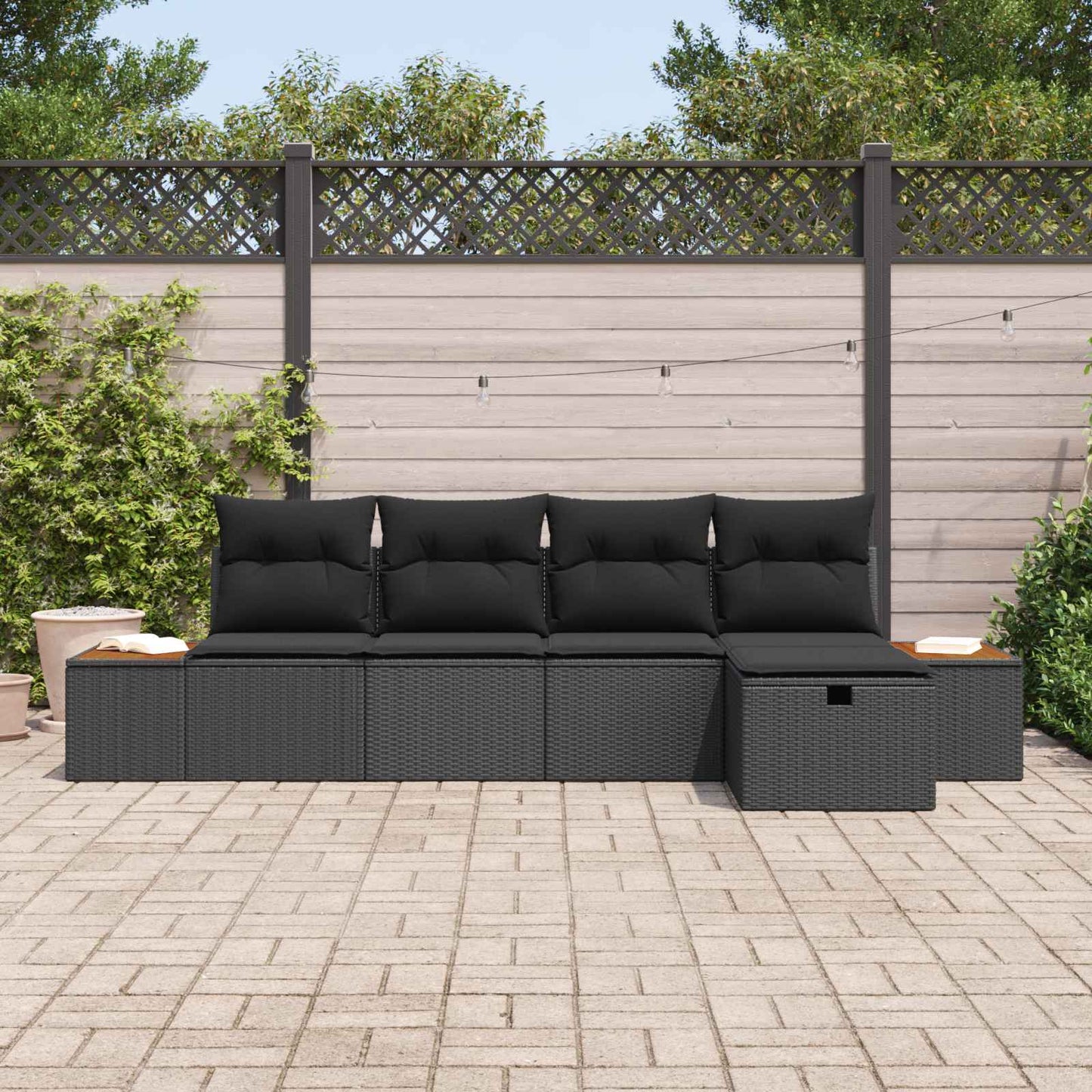 Set Divano da Giardino con cuscino 5 pcs Nero Poly Rattan | homemem39