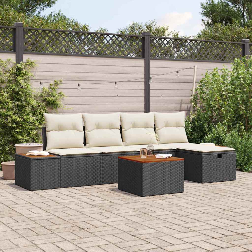 Set Divano da Giardino con cuscino 6 pcs Nero Poly Rattan | homemem39