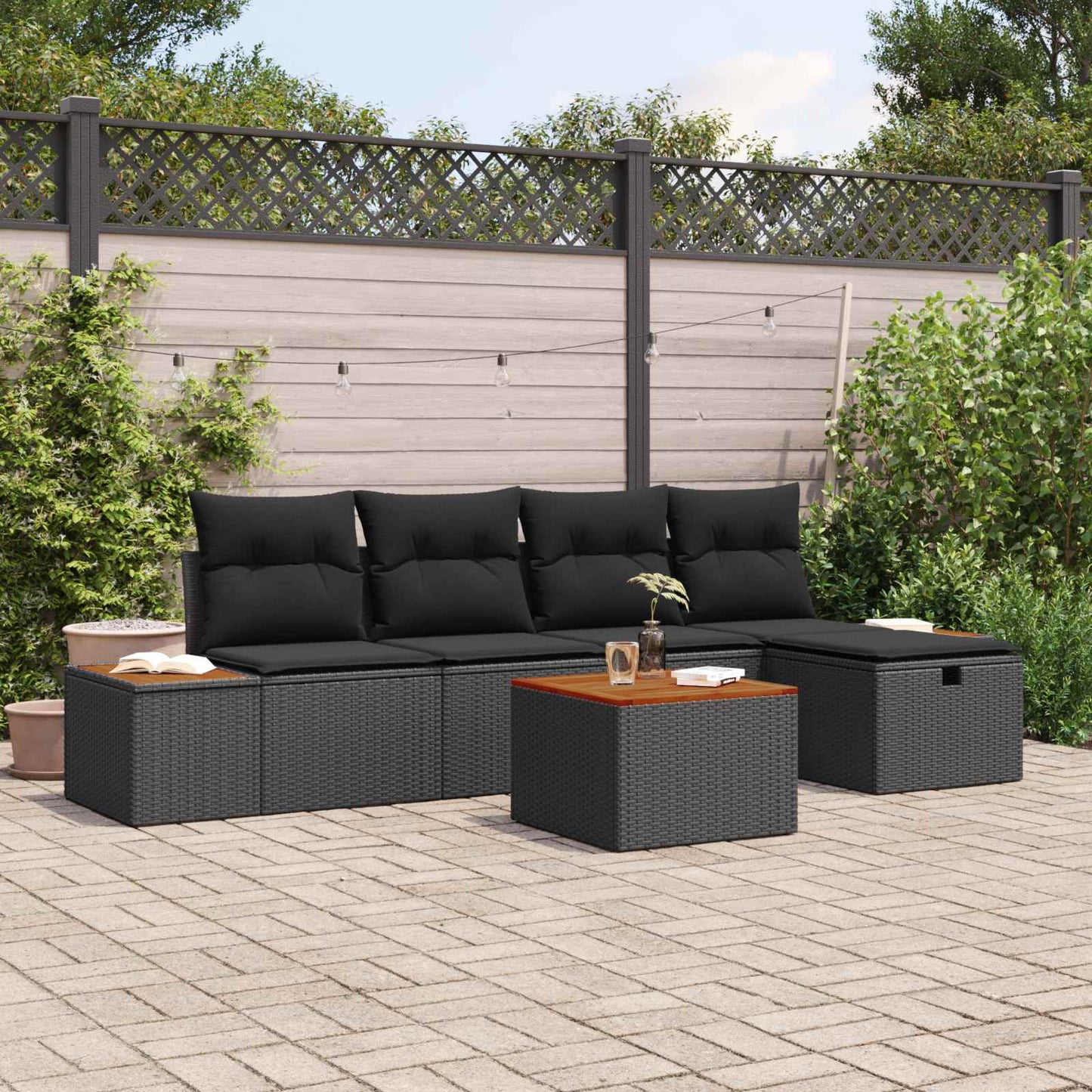 Set Divano da Giardino con cuscino 6 pcs Nero Poly Rattan | homemem39