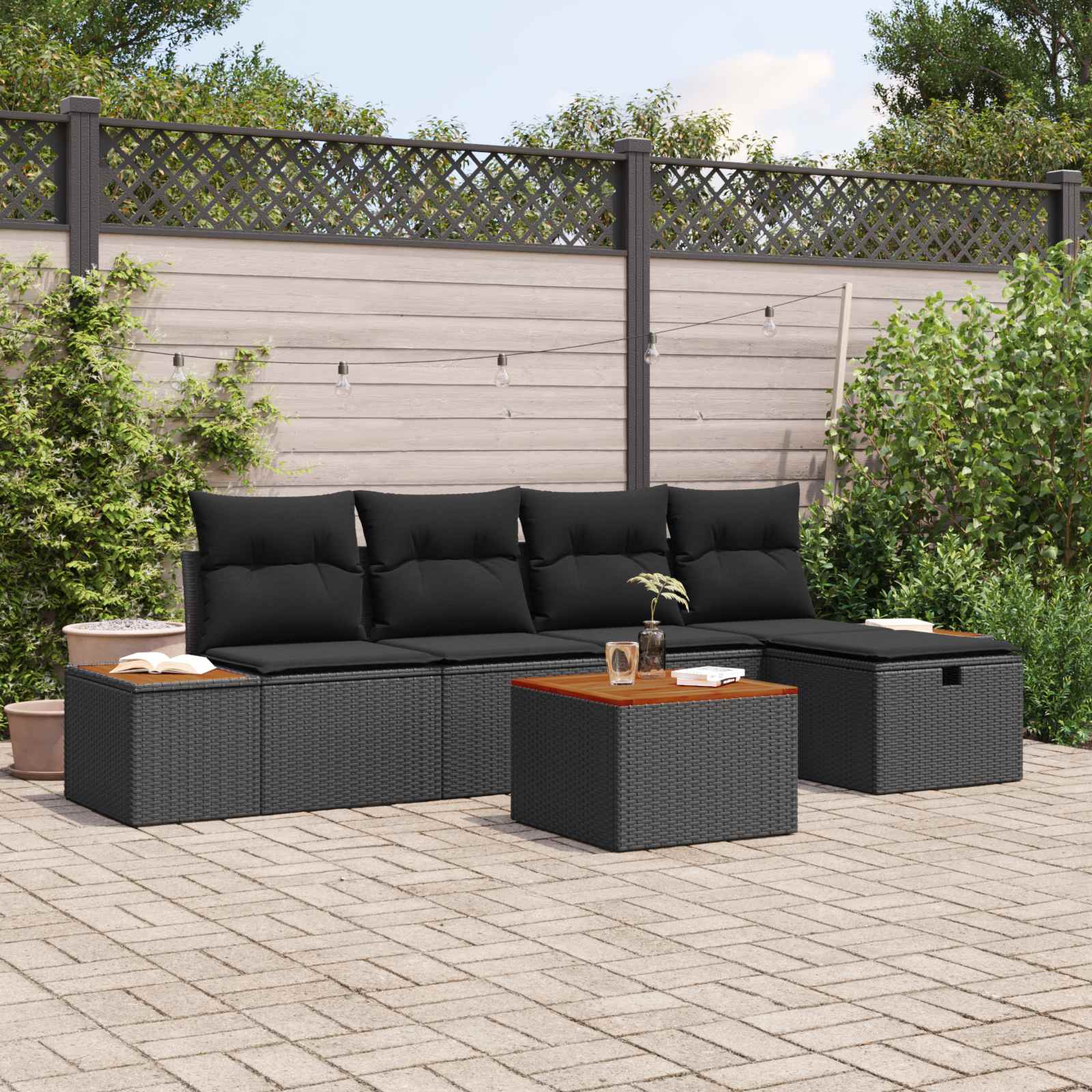 Set Divano da Giardino con cuscino 6 pcs Nero Poly Rattan | homemem39