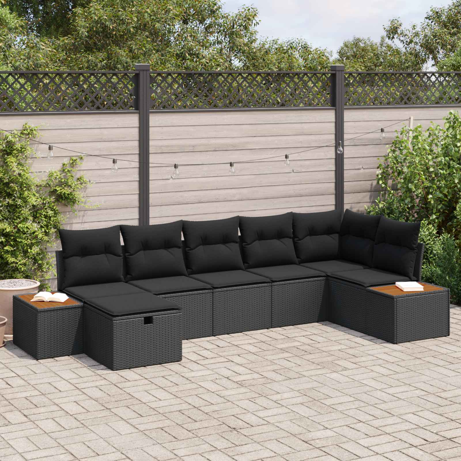 Set Divano da Giardino con cuscino 7 pcs Nero Poly Rattan | homemem39