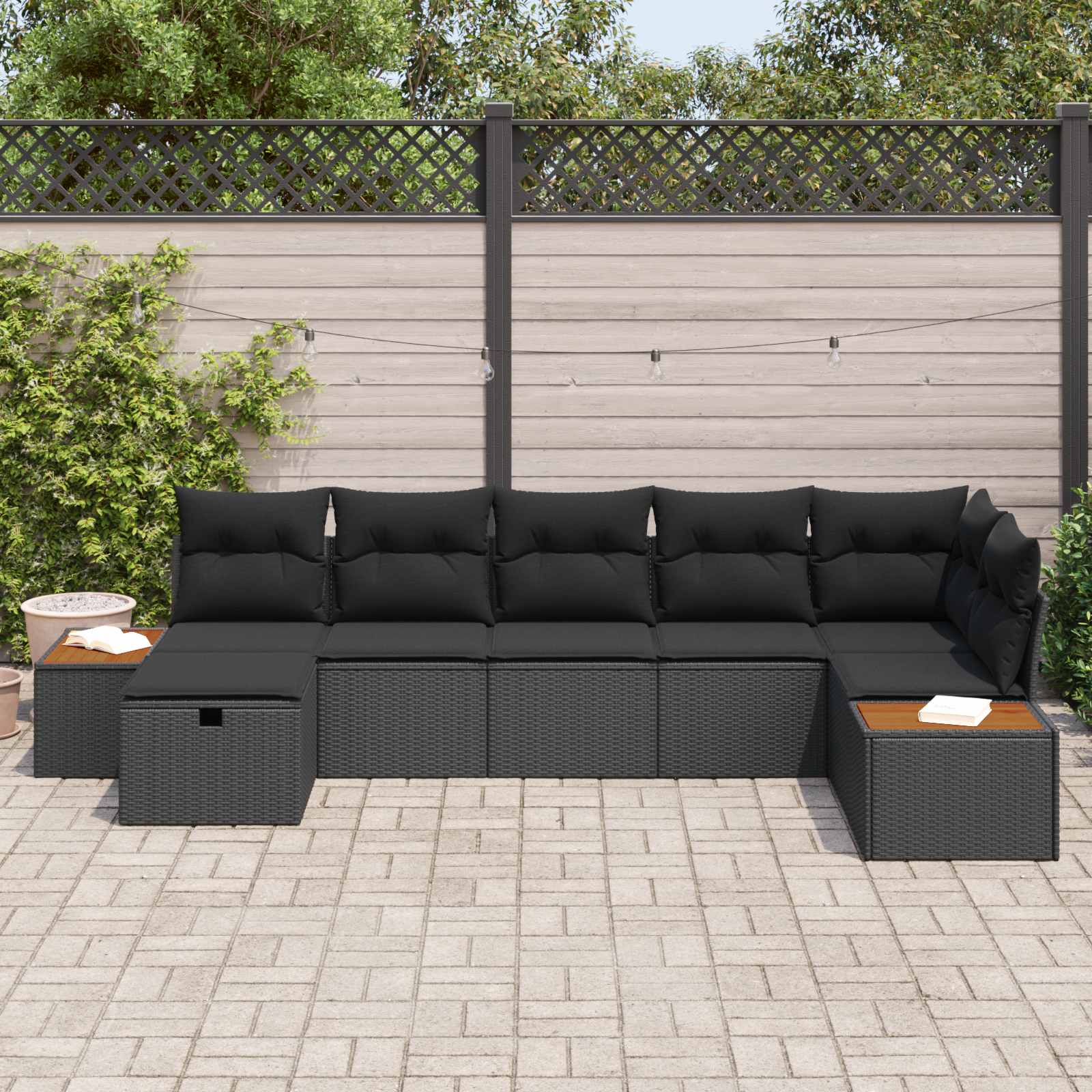 Set Divano da Giardino con cuscino 7 pcs Nero Poly Rattan | homemem39