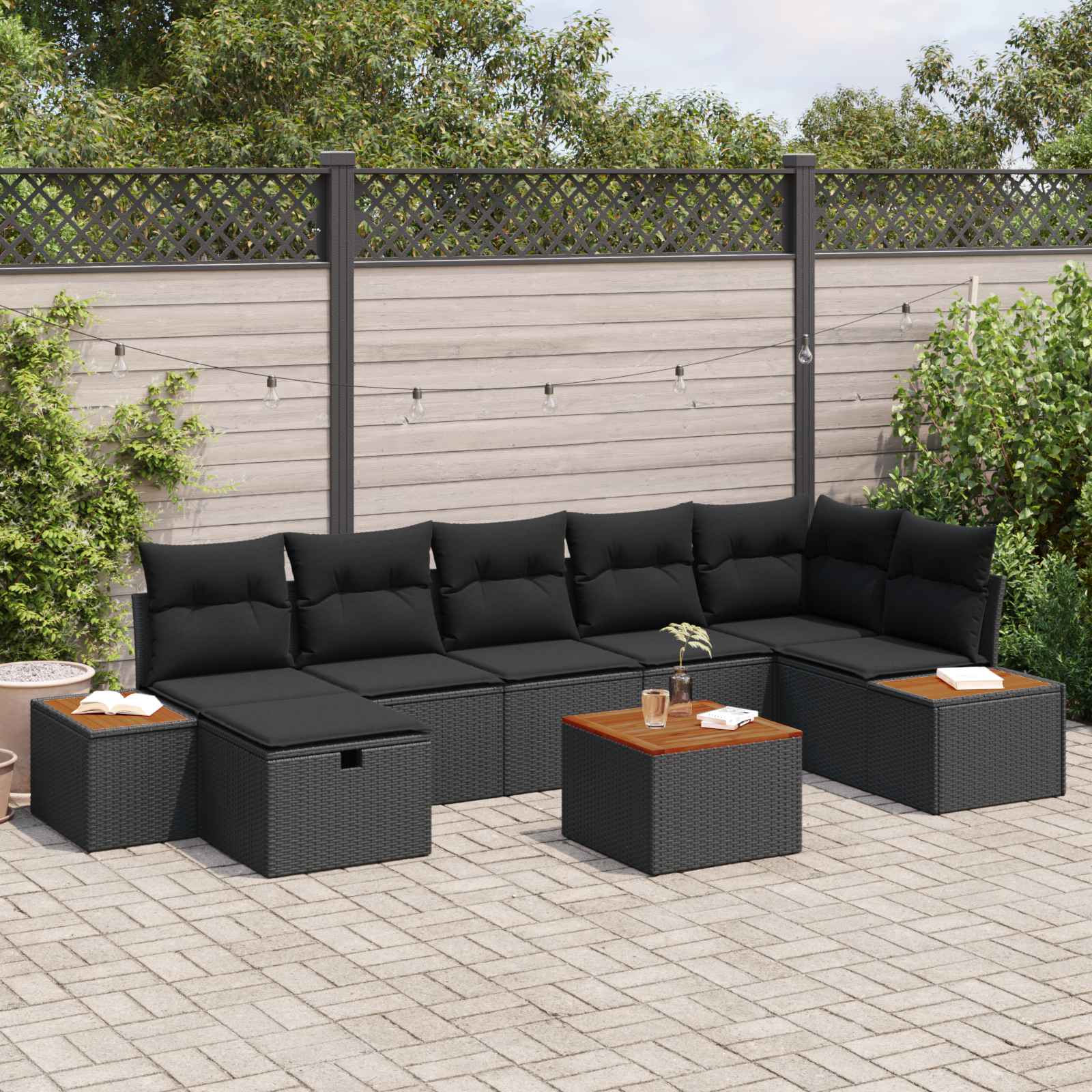 Set Divano da Giardino con cuscino 8 pcs Nero Poly Rattan | homemem39