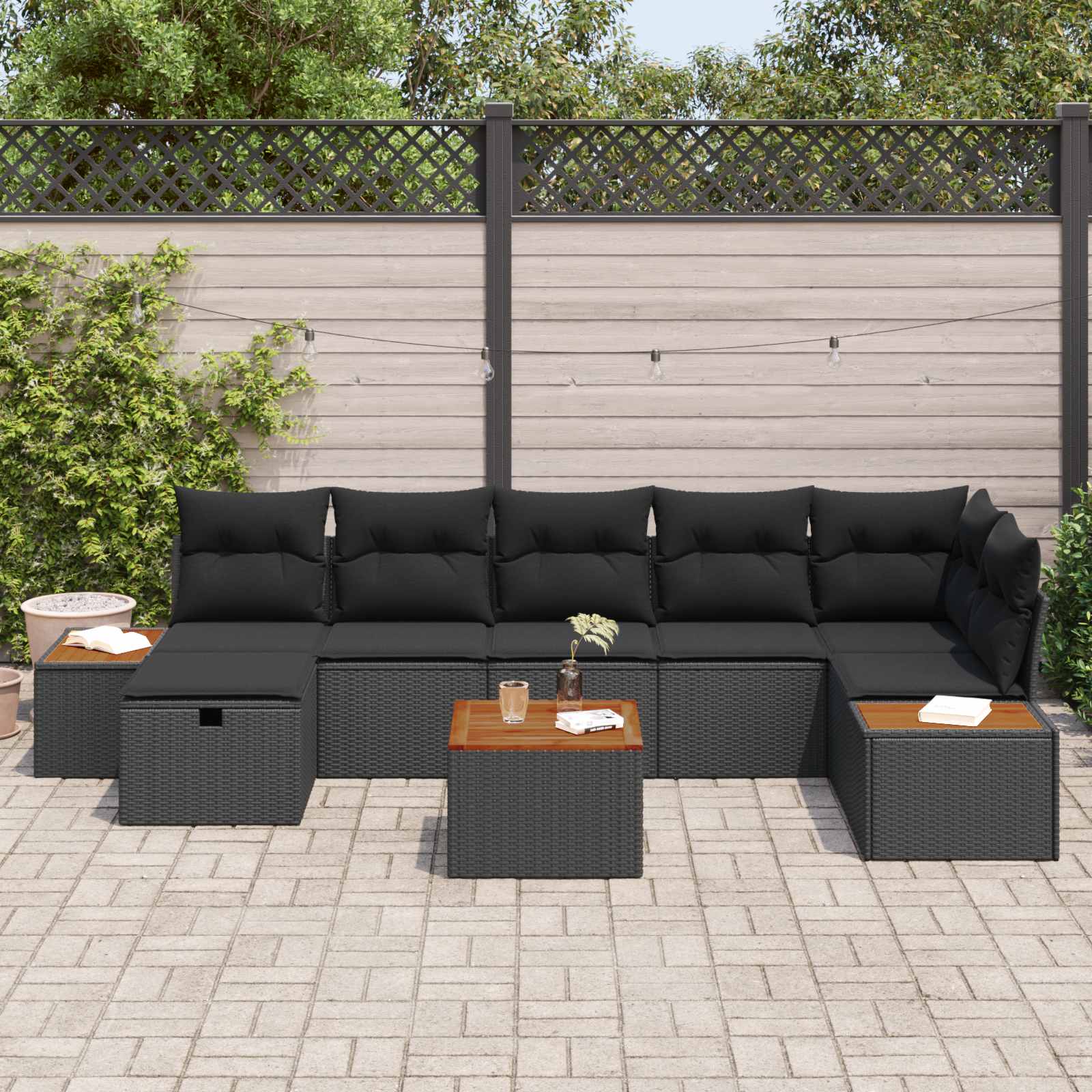 Set Divano da Giardino con cuscino 8 pcs Nero Poly Rattan | homemem39
