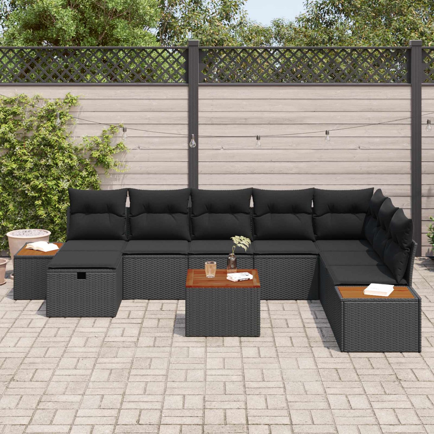 Set Divano da Giardino con cuscino 9 pcs Nero Poly Rattan | homemem39