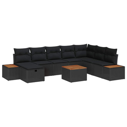 Set Divano da Giardino con cuscino 9 pcs Nero Poly Rattan