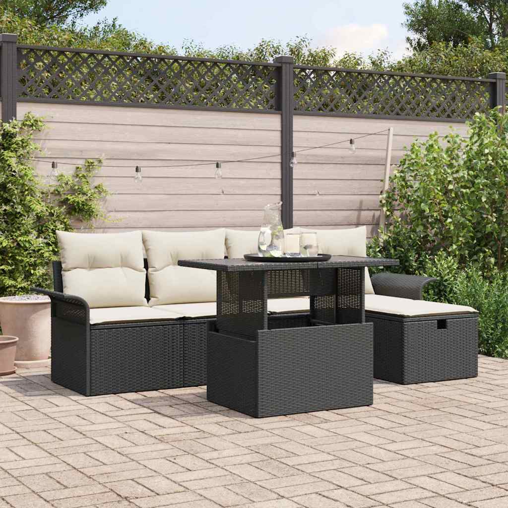 Set Divano da Giardino con cuscino 6 pcs Nero Poly Rattan - homemem39