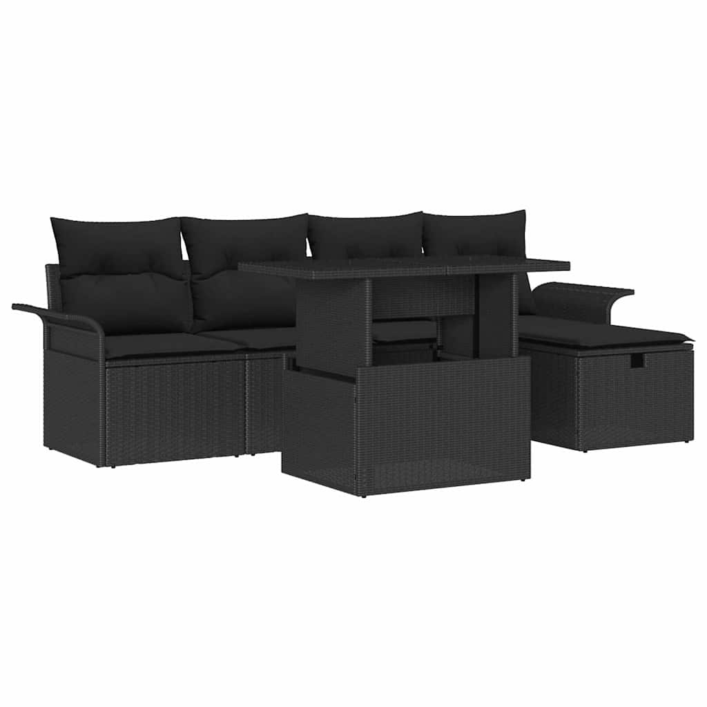 Set Divano da Giardino con cuscino 6 pcs Nero Poly Rattan | homemem39