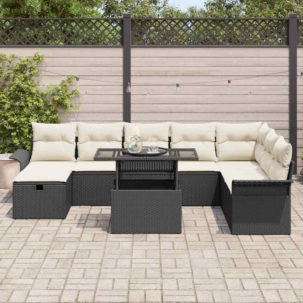 Set Divano da Giardino con cuscino 9 pcs Nero Poly Rattan - homemem39