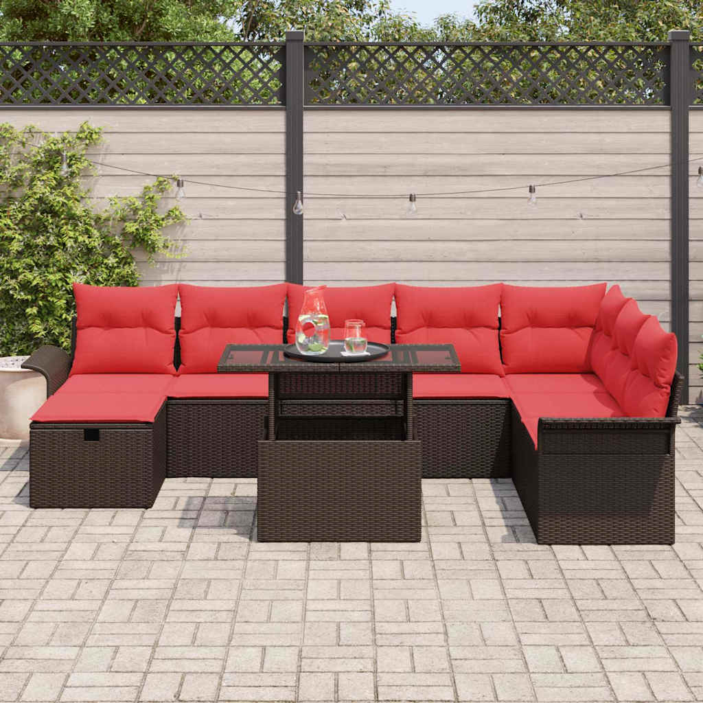 Set Divano da Giardino con cuscino 9 pcs Marrone Poly Rattan