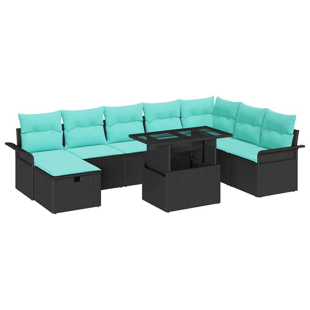 Set Divano da Giardino con cuscino 9 pcs Nero Poly Rattan | homemem39