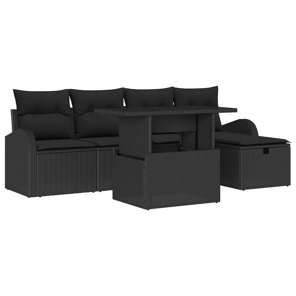 Set Divano da Giardino con cuscino 6 pcs Nero Poly Rattan | homemem39