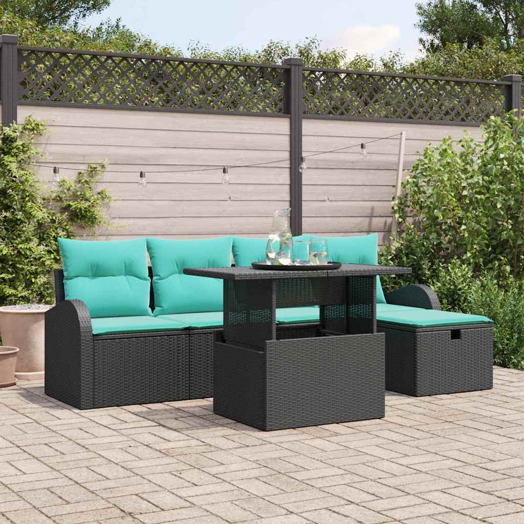 Set Divano da Giardino con cuscino 6 pcs Nero Poly Rattan | homemem39