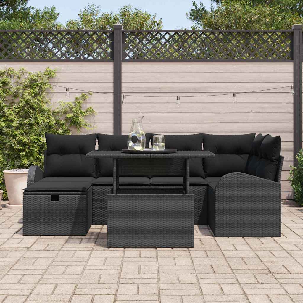 Set Divano da Giardino con cuscino 7 pcs Nero Poly Rattan | homemem39