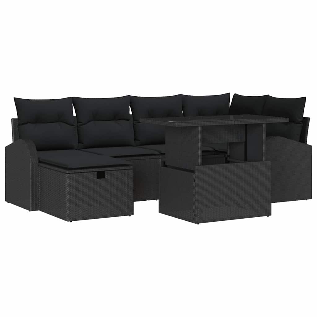 Set Divano da Giardino con cuscino 7 pcs Nero Poly Rattan | homemem39