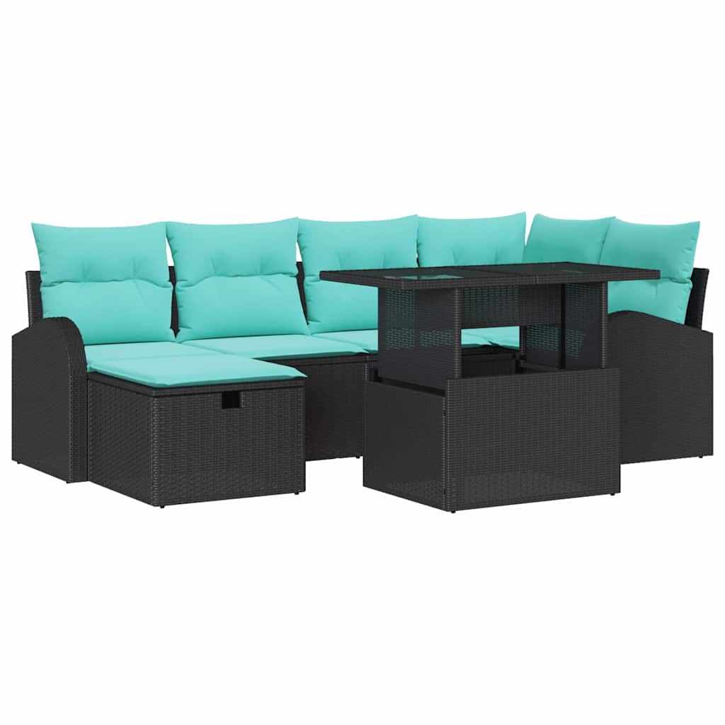 Set Divano da Giardino con cuscino 7 pcs Nero Poly Rattan | homemem39