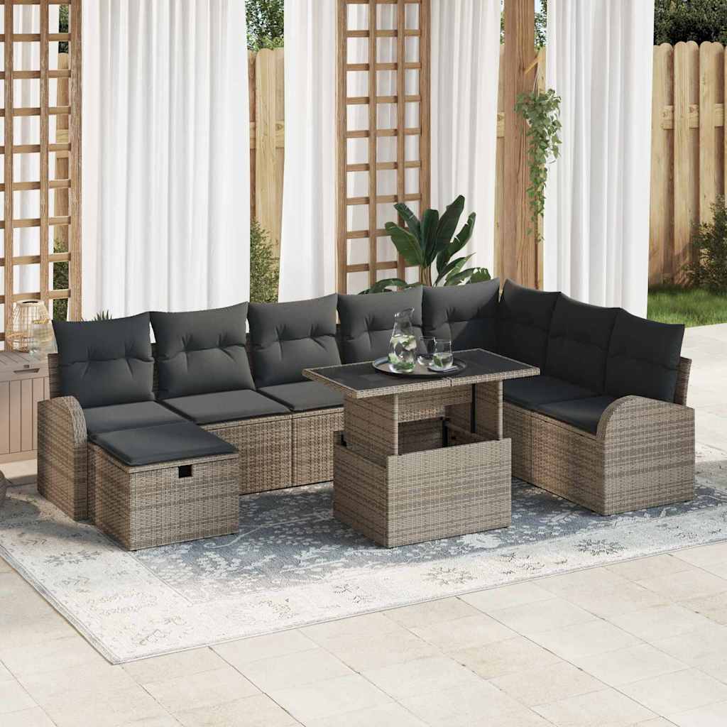 Set Divano da Giardino 9 pz Grigio polyrattan